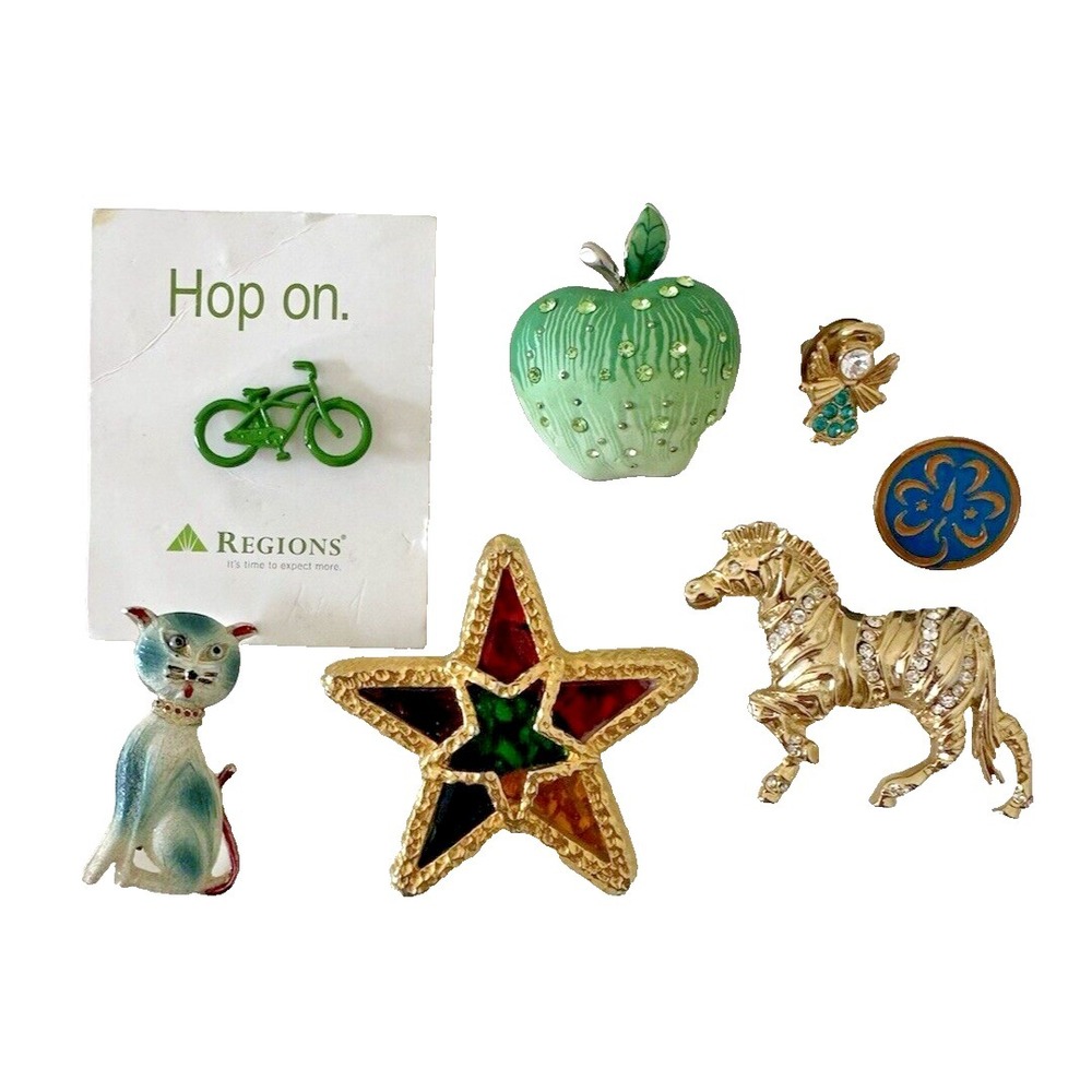 Pin Region Bicycle Zebra Star Cat Green Apple Angel Girl Scouts Lot 7 Brooch Vtg
